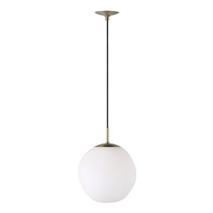 Koa ceiling fixture with a round white glass shade and brass accents, suspended from a black cord.