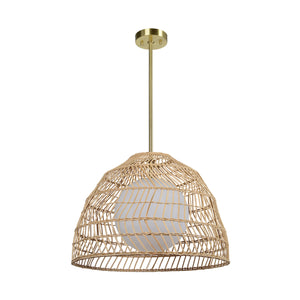Palm Ceiling Fixture featuring a rattan shade and white globe light, hanging from a brass ceiling mount.