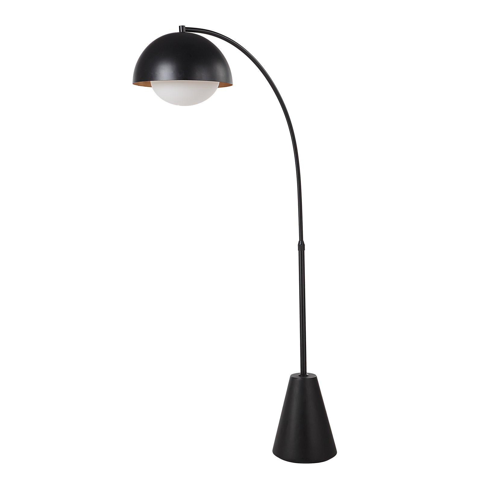 Cooke Floor Lamp with a black dome shade and white globe, featuring a curved arm and conical base.