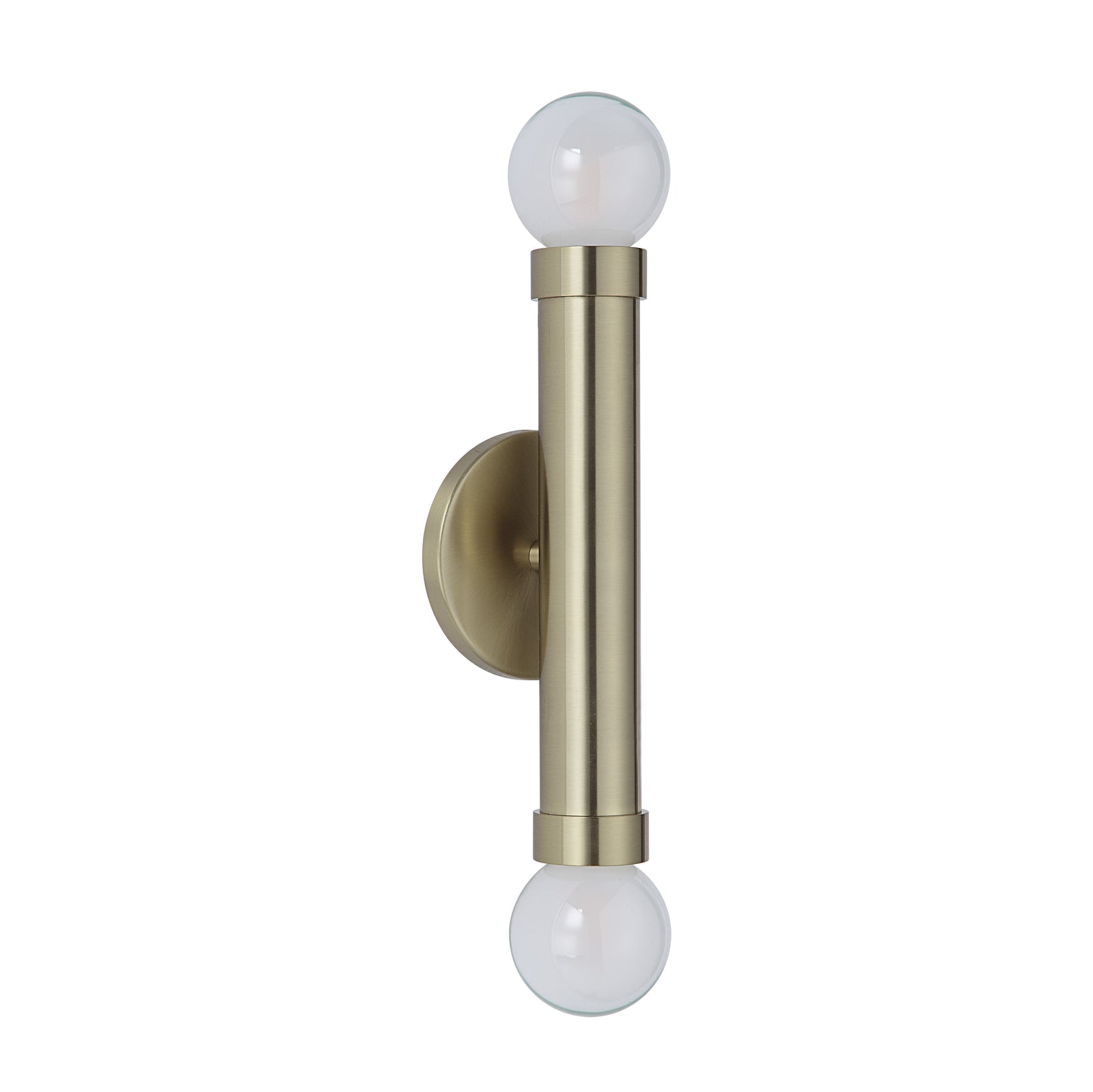Dasia Wall Sconce in brushed brass with two globe bulbs, mounted vertically.