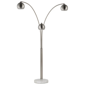 Aguillard floor lamp with two curved arms and metallic shades, resting on a round marble base.
