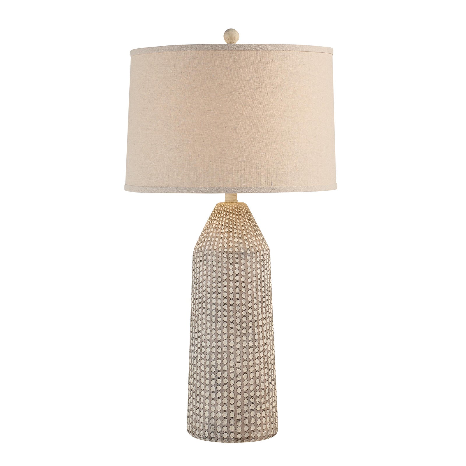 Lechuga Table Lamp with beige fabric shade and textured ceramic base in light gray.