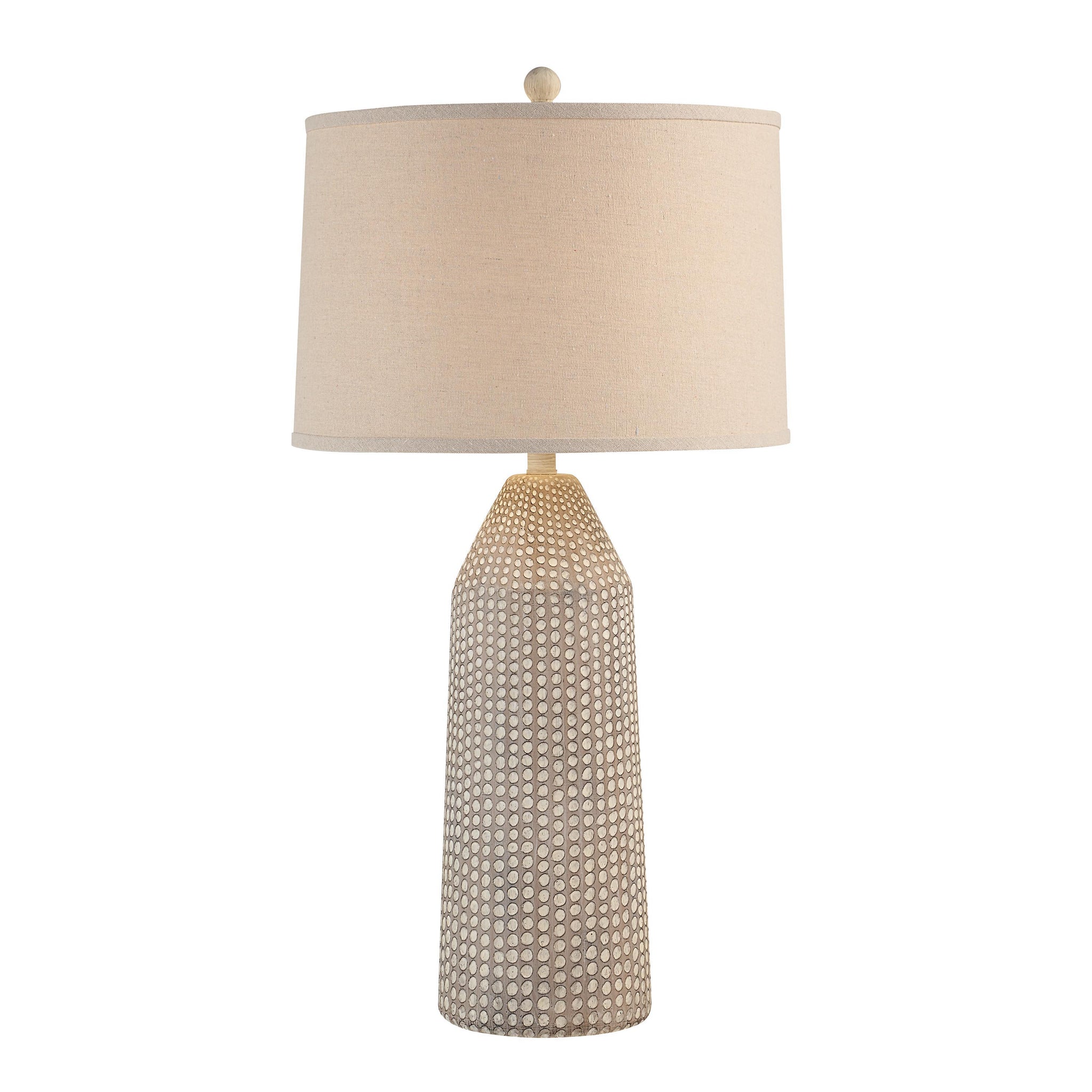 Lechuga Table Lamp featuring a beige shade and a light gray ceramic base with a dotted pattern.