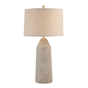 Lechuga Table Lamp featuring a beige shade and a light gray ceramic base with a dotted pattern.