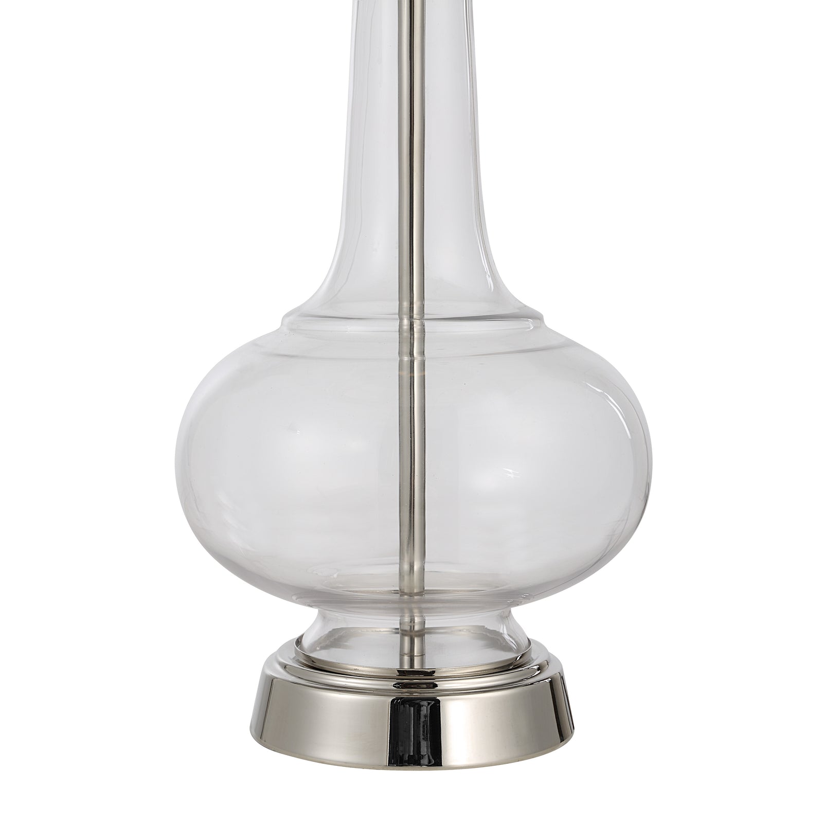Lya Table Lamp with a clear glass base and white fabric shade, featuring a polished metal accent.