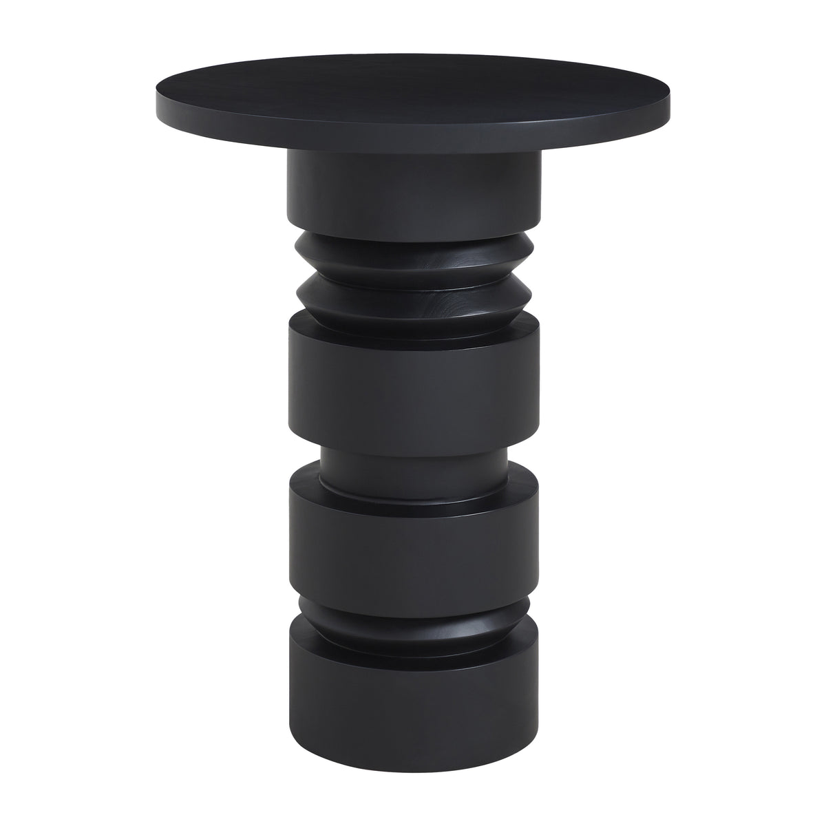 Talpa end table in black with a round top and sculptural base design.