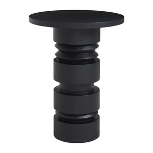 Talpa end table in black with a round top and sculptural base design.