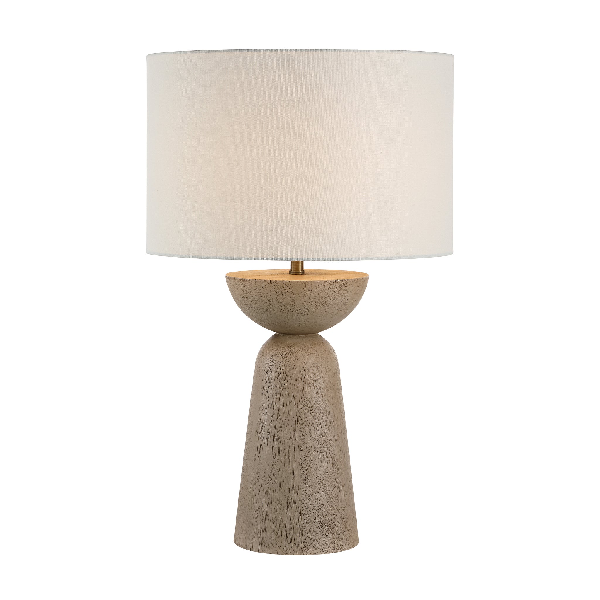Alba Table Lamp showcasing a white shade and a light wood base with a unique shape.