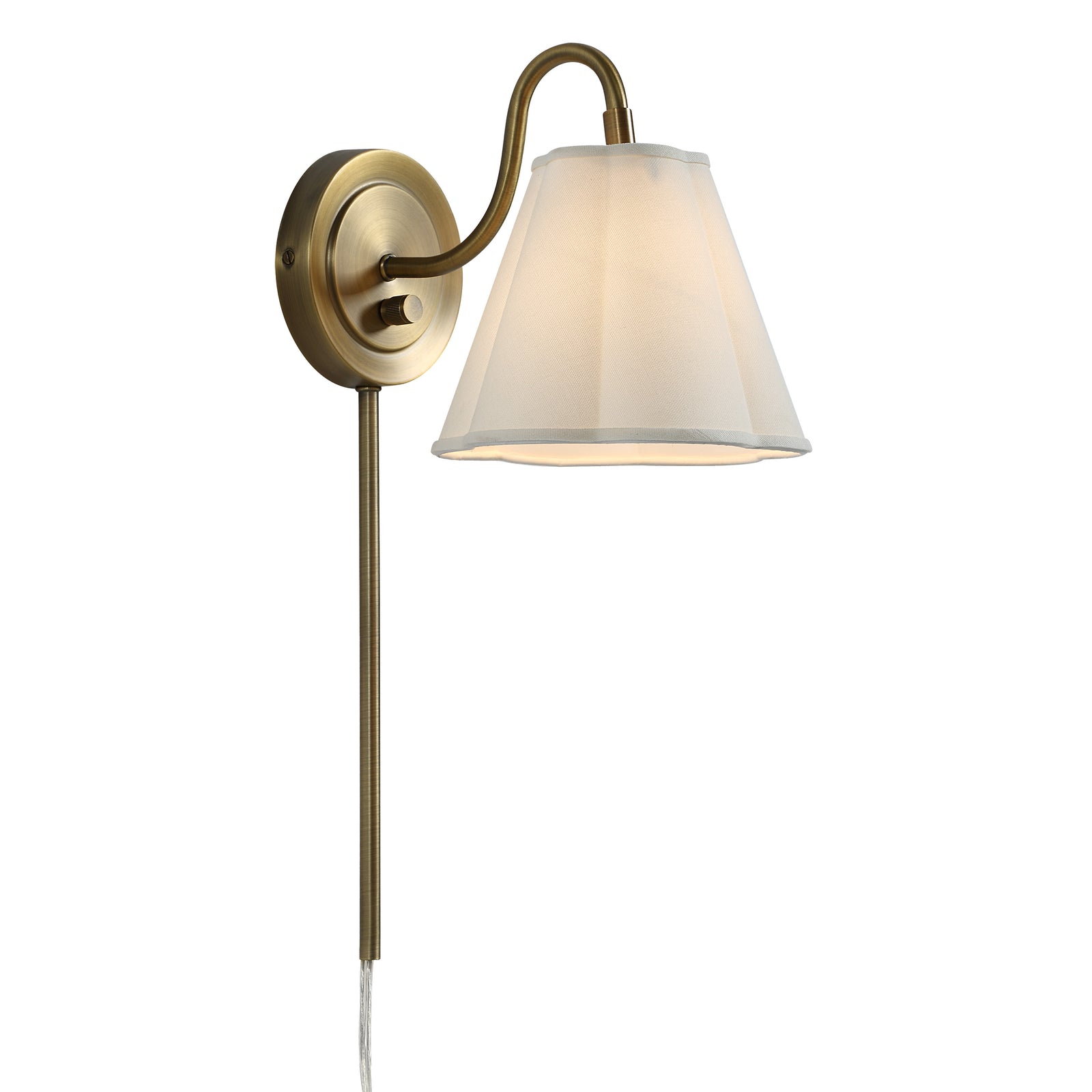 Arielle wall sconce with a white fabric shade and brass finish, featuring a curved arm.