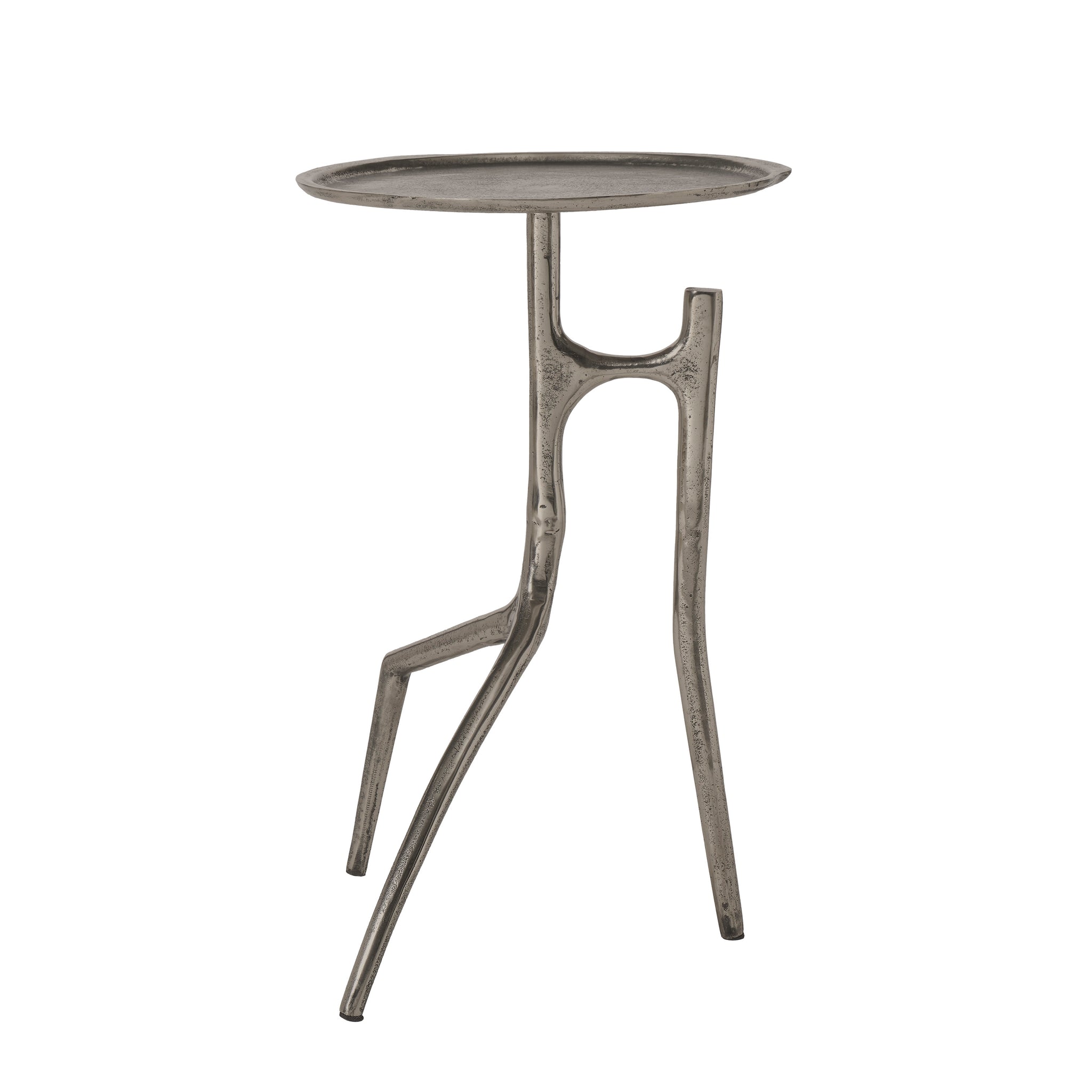 Tosco table with a round metallic top and unique leg design in silver finish.