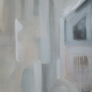 Close-up of Palazzo canvas art, highlighting soft gray tones and abstract shapes.