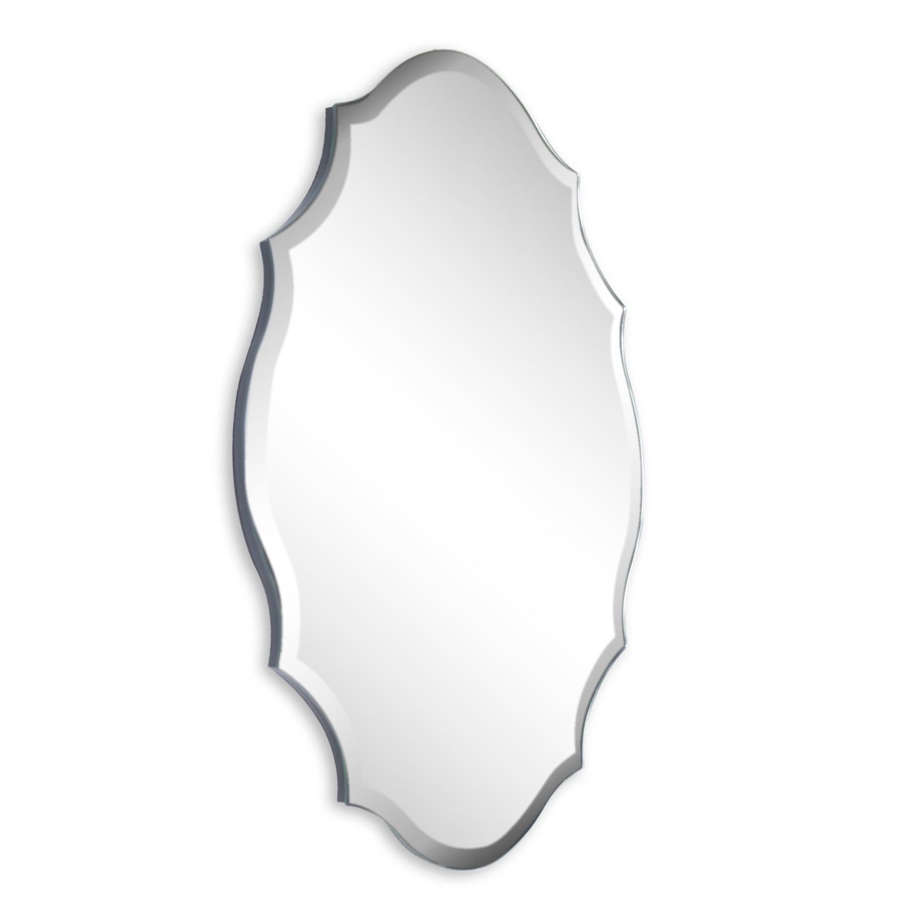 Emma mirror by Renwil, elongated oval design with scalloped edges, clear reflective surface.