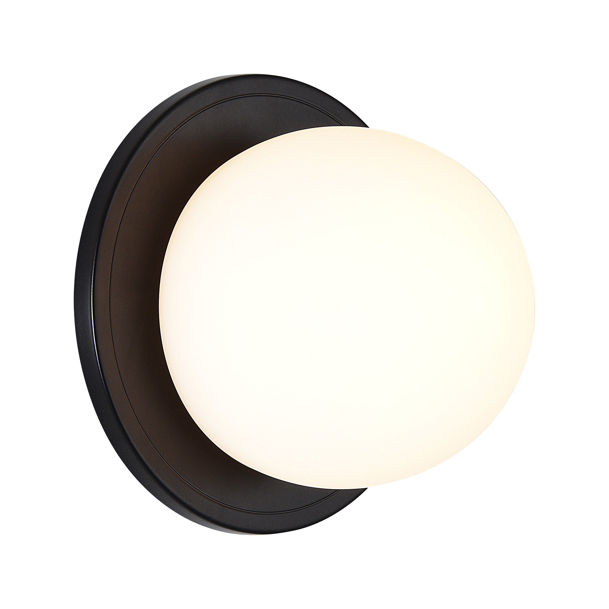 Sybil Wall Sconce with an off-white glass shade and black circular mount