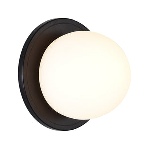 Sybil Wall Sconce with an off-white glass shade and black circular mount