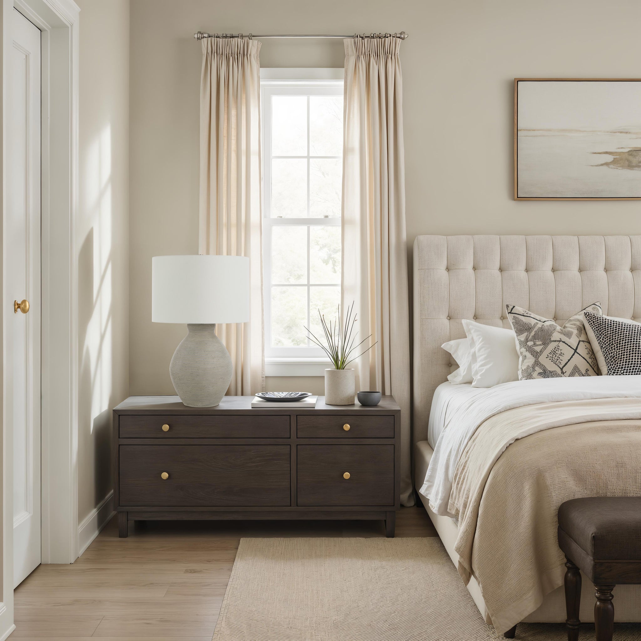 Delfino table lamp on a dark wood nightstand in a cozy bedroom setting.
