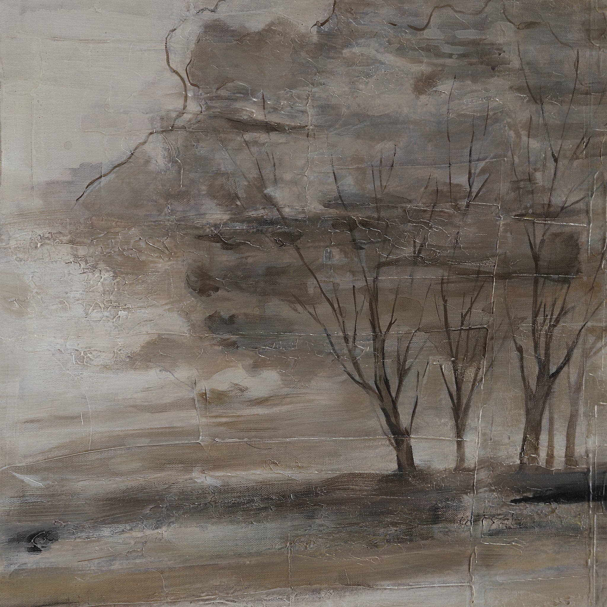Close-up of Pallini canvas art highlighting detailed trees in soft brown and gray hues.