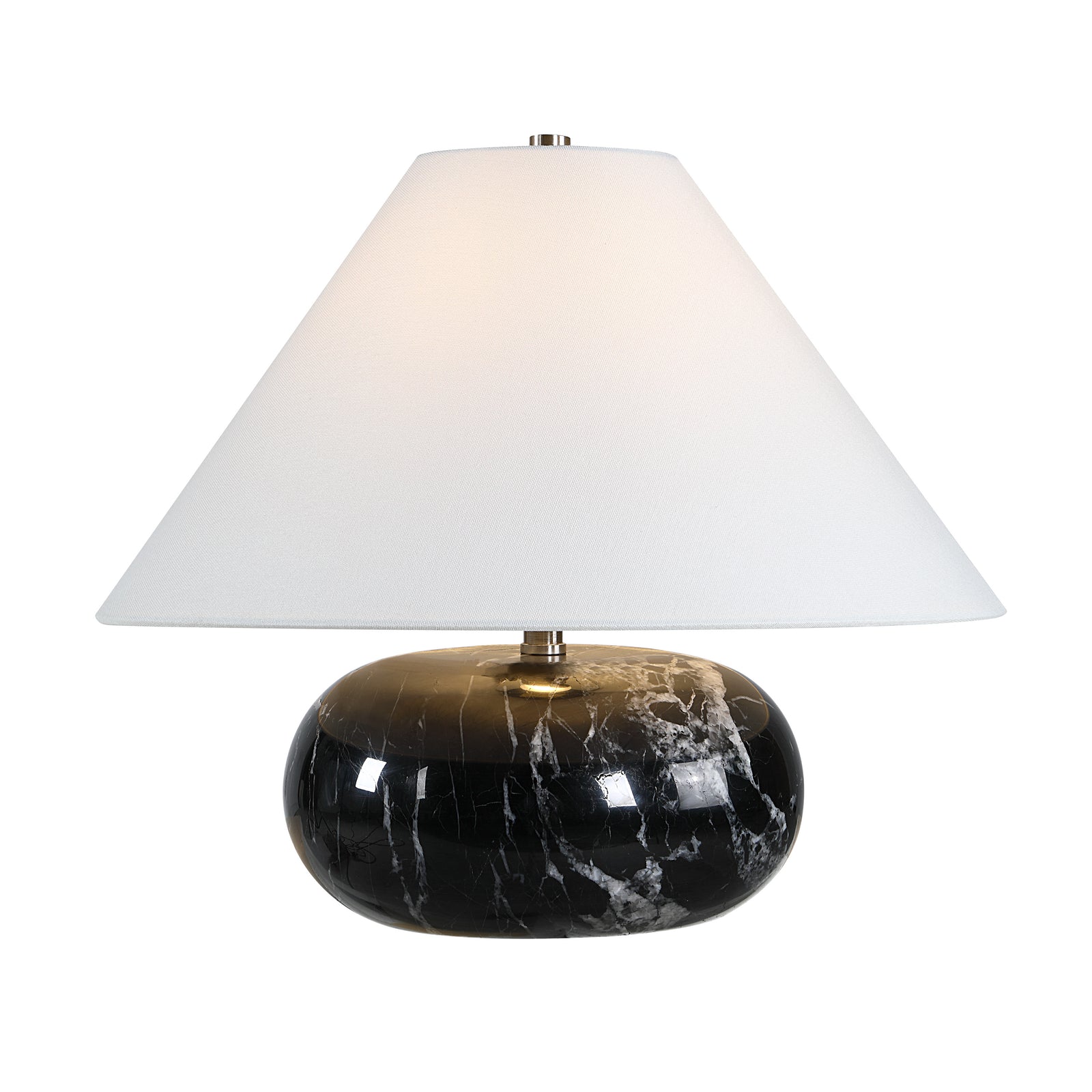 Celine Table Lamp with a black marble base and white fabric shade