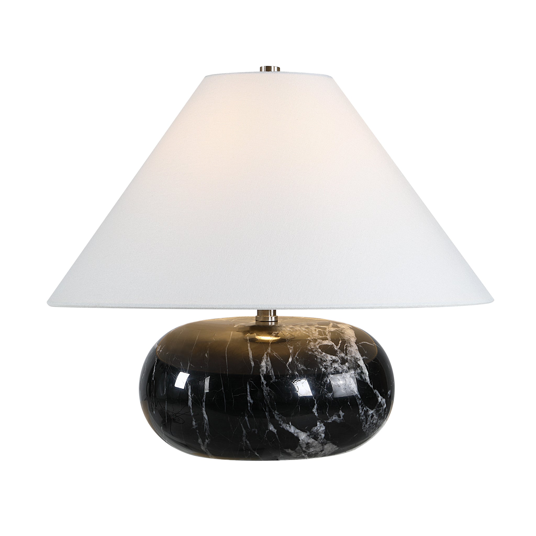 Celine Table Lamp featuring a glossy black marble base and white conical shade