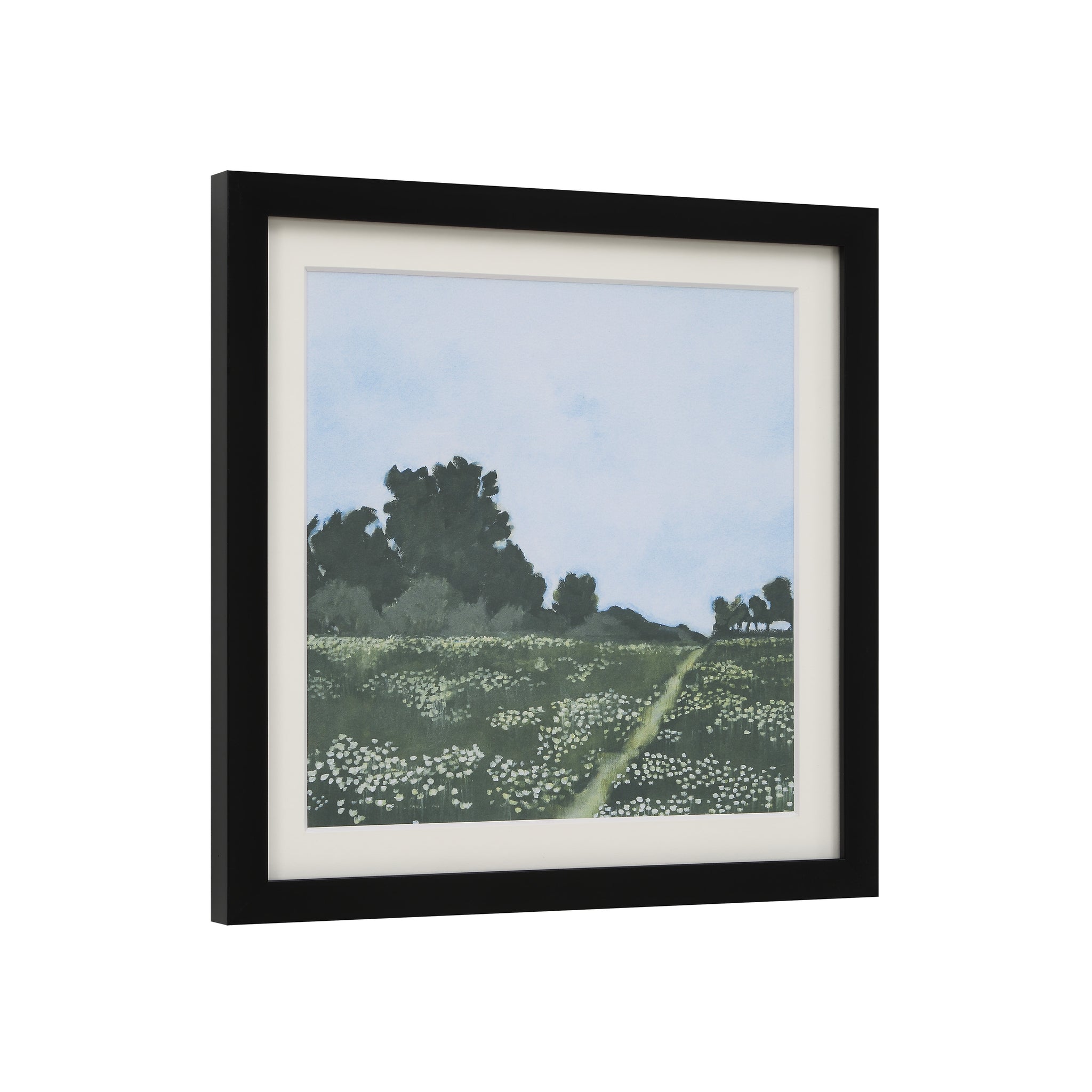 Olmo Canvas Art showing a scenic field with trees, black framed artwork.