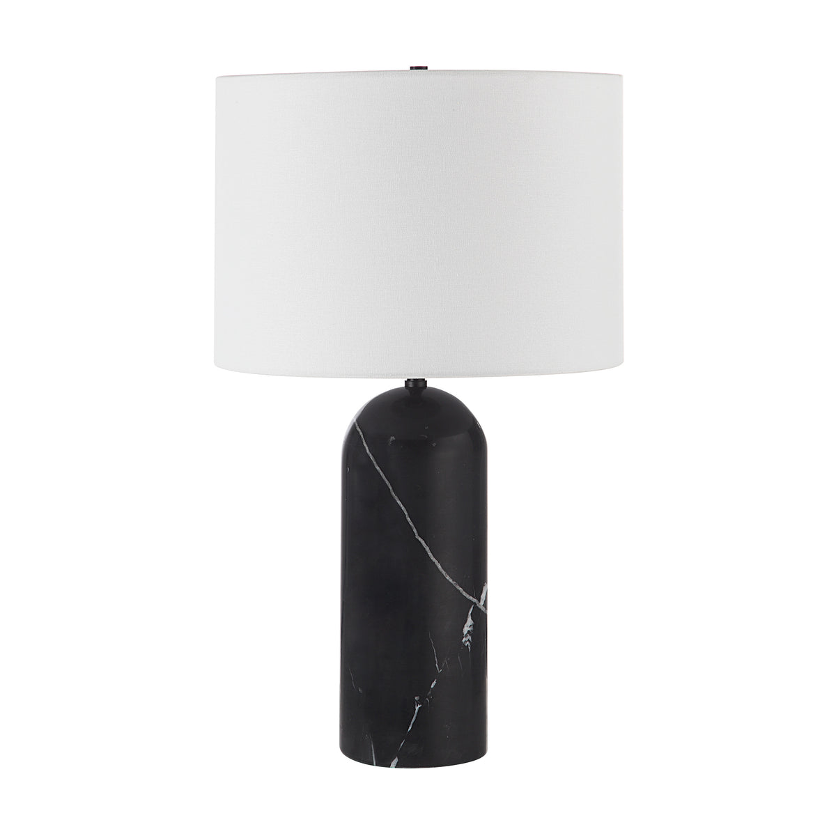 Tyne Table Lamp with black marble base and white fabric shade, front view.
