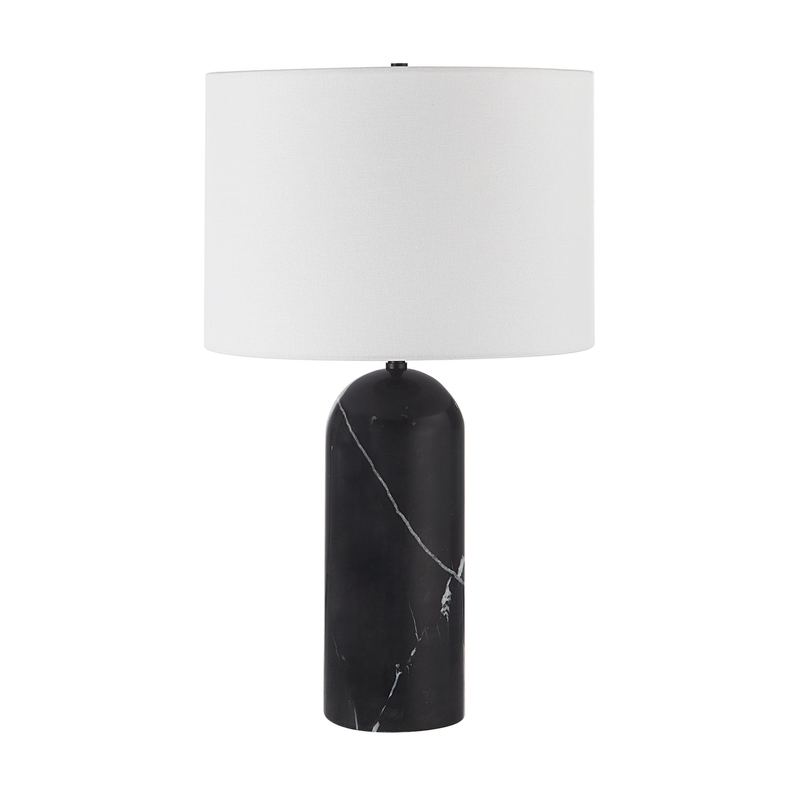 Tyne Table Lamp with black marble base and white fabric shade, front view.
