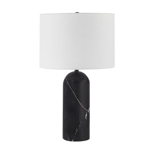 Tyne Table Lamp with black marble base and white fabric shade, front view.