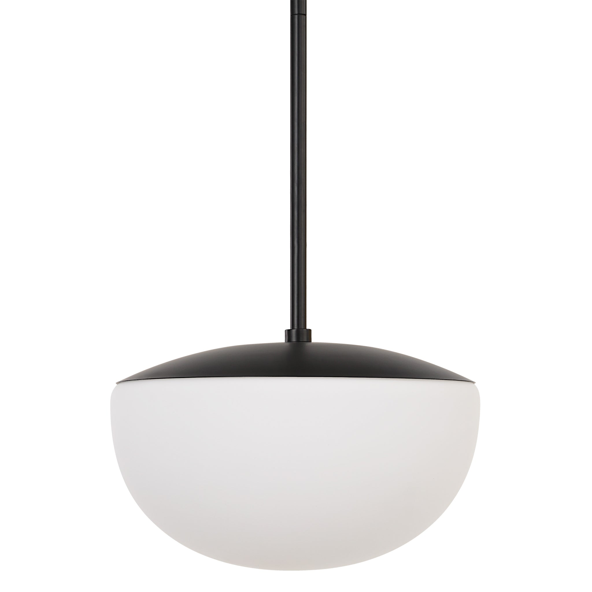 Aditi ceiling light fixture with a black top and white globe shade, viewed from below.