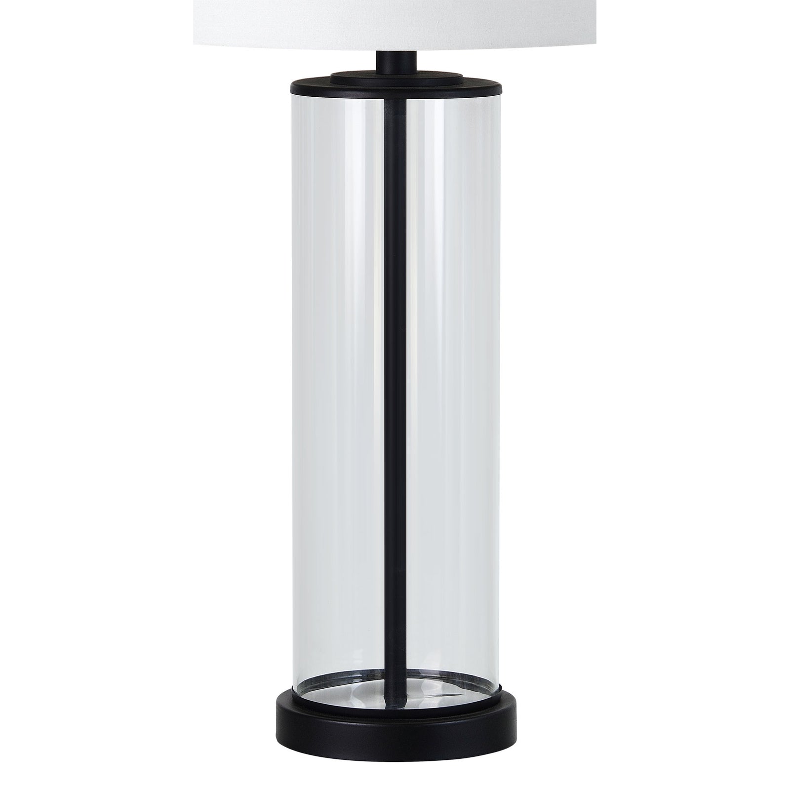 Desdemona Table Lamp Set featuring two lamps with white fabric shades and clear glass bases.