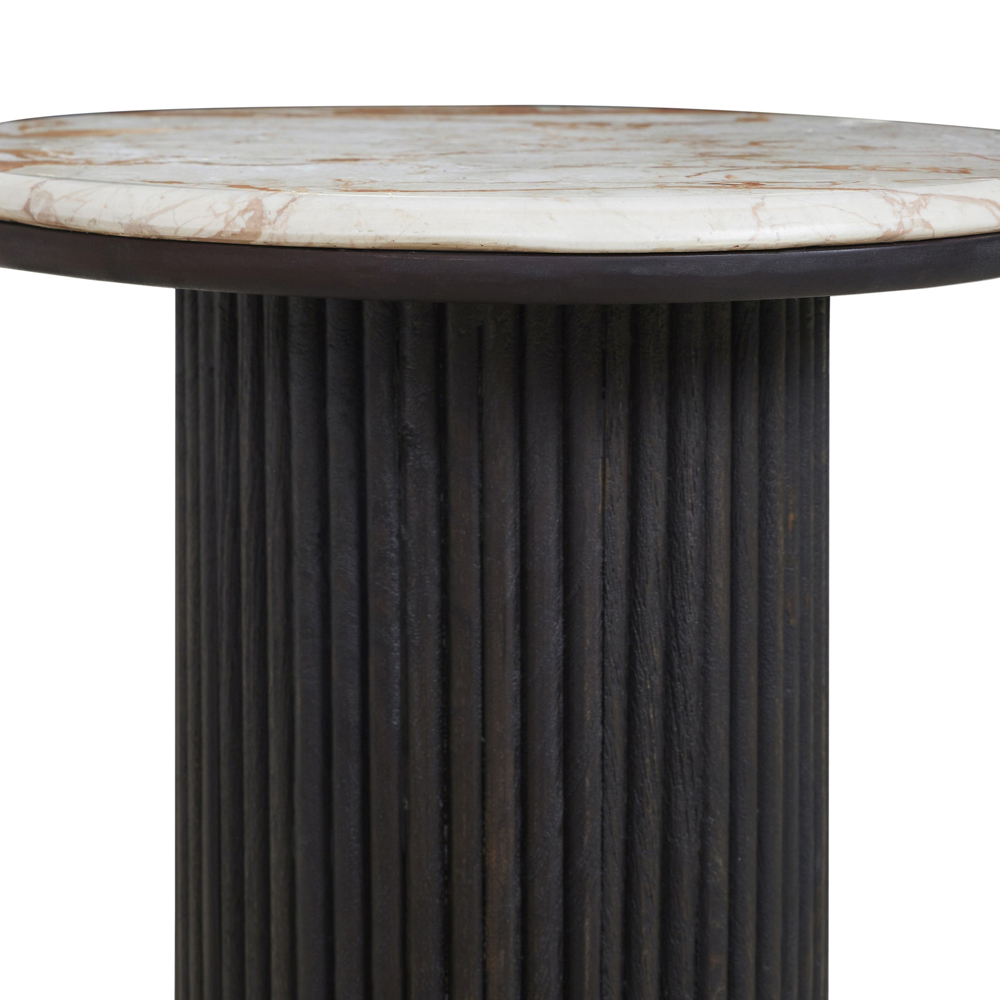 Close-up of Alessio accent table featuring a marble top and ribbed dark column.