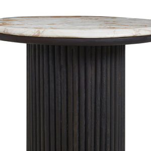 Close-up of Alessio accent table featuring a marble top and ribbed dark column.