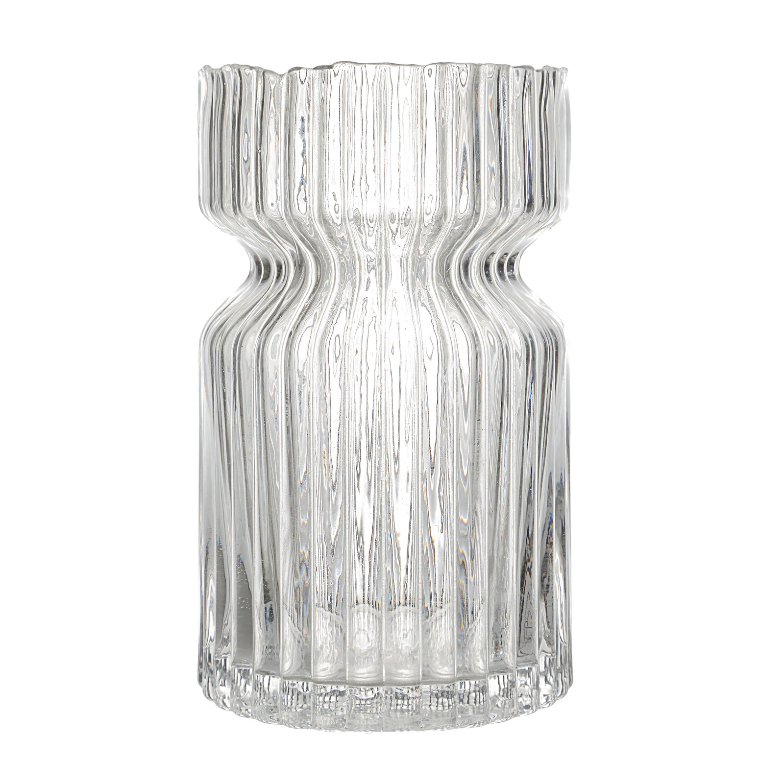 Gladys Glass Vase by Renwil, clear glass with ribbed texture, flared top, elegant design.