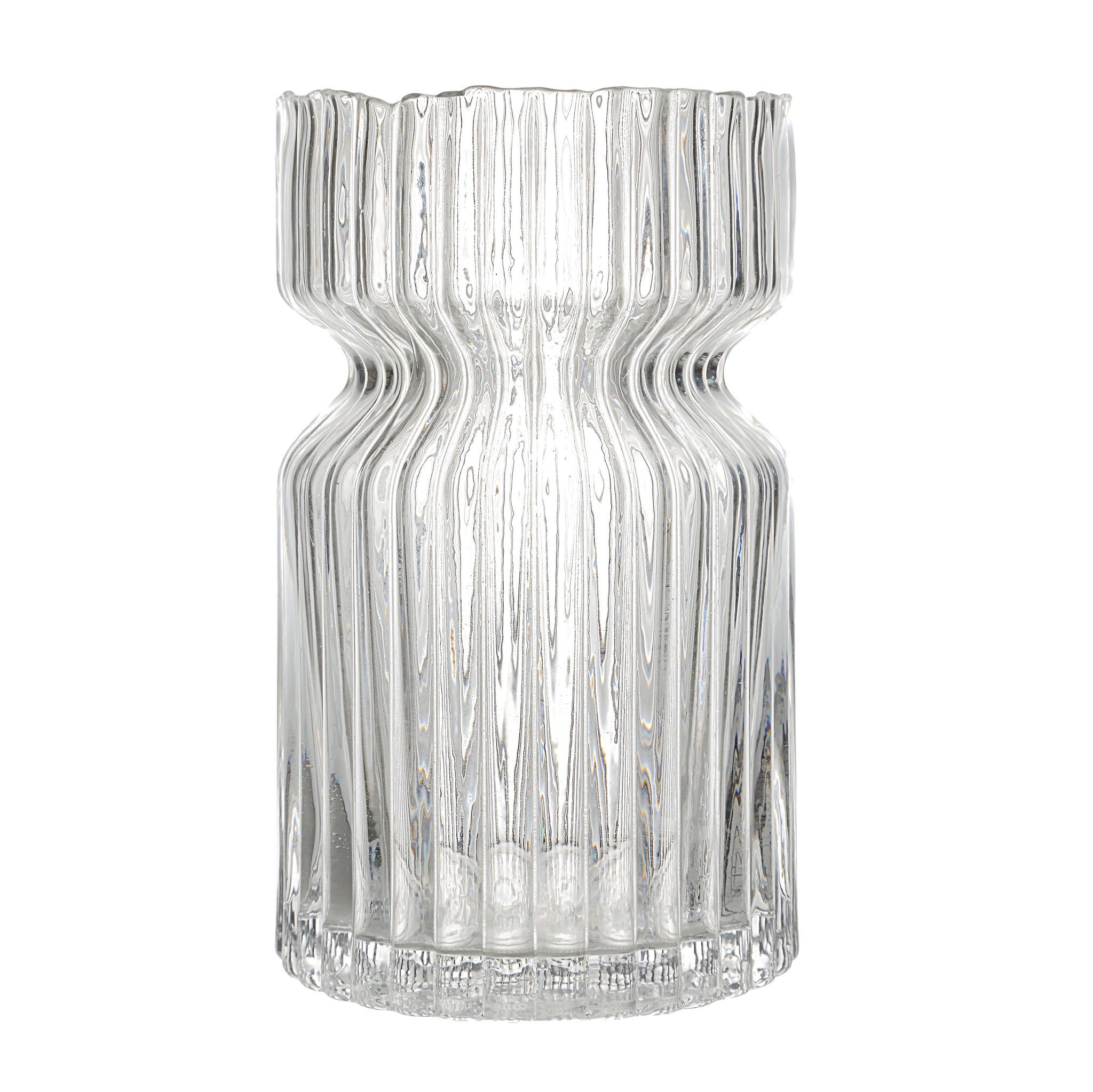 Gladys Glass Vase by Renwil, transparent glass, ribbed surface, stylish flared rim.