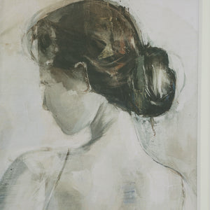 Close-up of Penelope printed art depicting a woman with a bun hairstyle in muted tones.