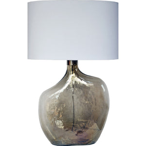 Benedek Table Lamp with a glossy gold glass base and a white fabric shade