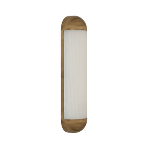 Amici wall sconce featuring a white glass shade and a brushed brass frame
