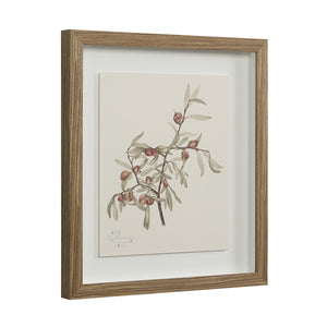 Crema canvas art featuring a branch with red buds and green leaves, displayed in a light wood frame.
