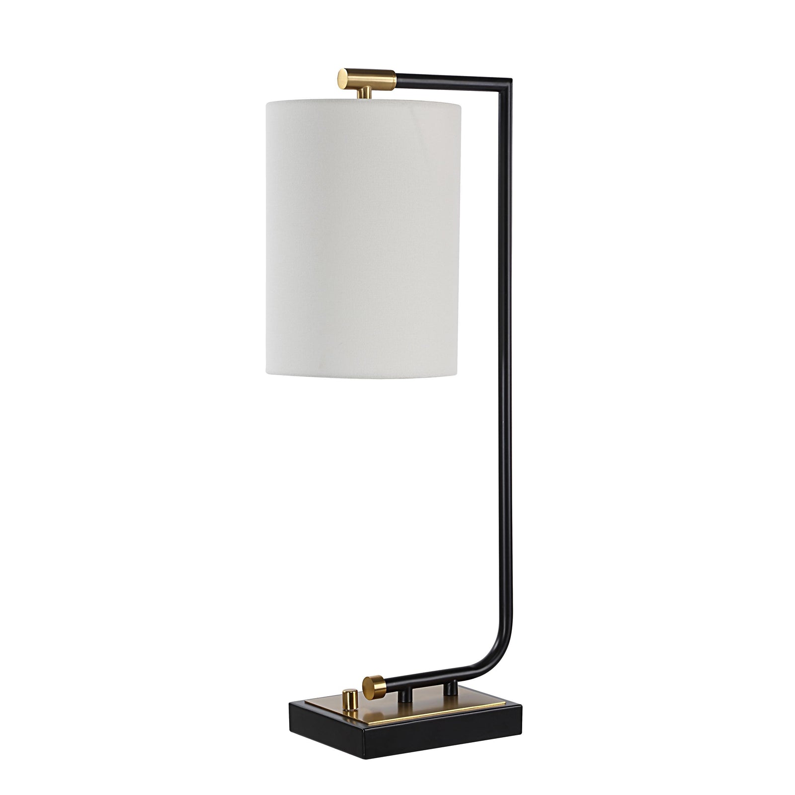 Perlato table lamp with a white cylindrical shade and black metal base, featuring gold accents.