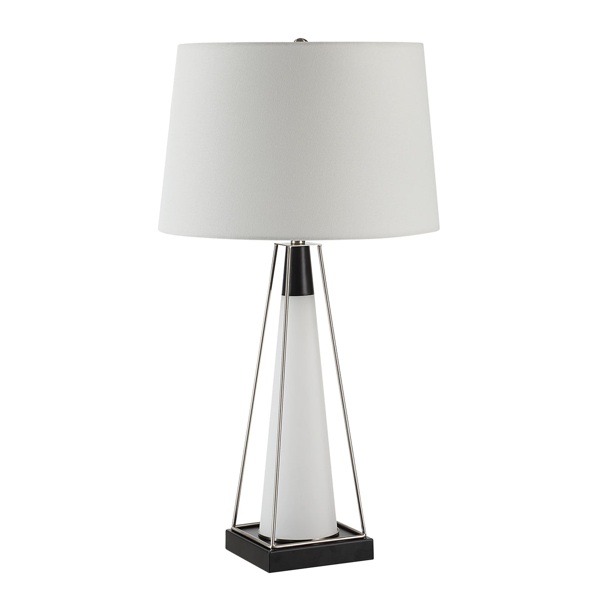 Navagio Table Lamp with a white fabric shade and a sleek white base, featuring a black square base.
