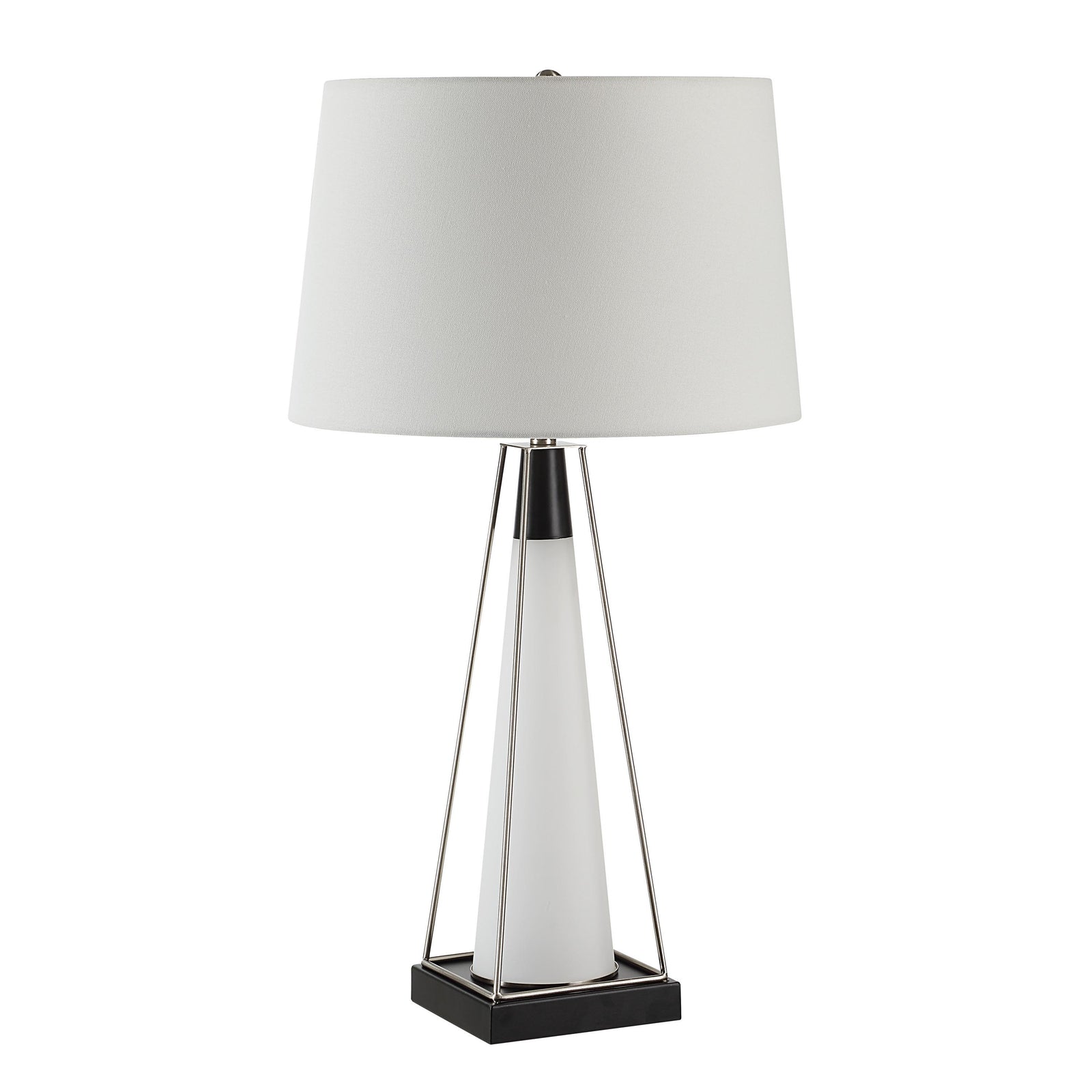 Navagio Table Lamp with a white fabric shade and a sleek white base, featuring a black square base.
