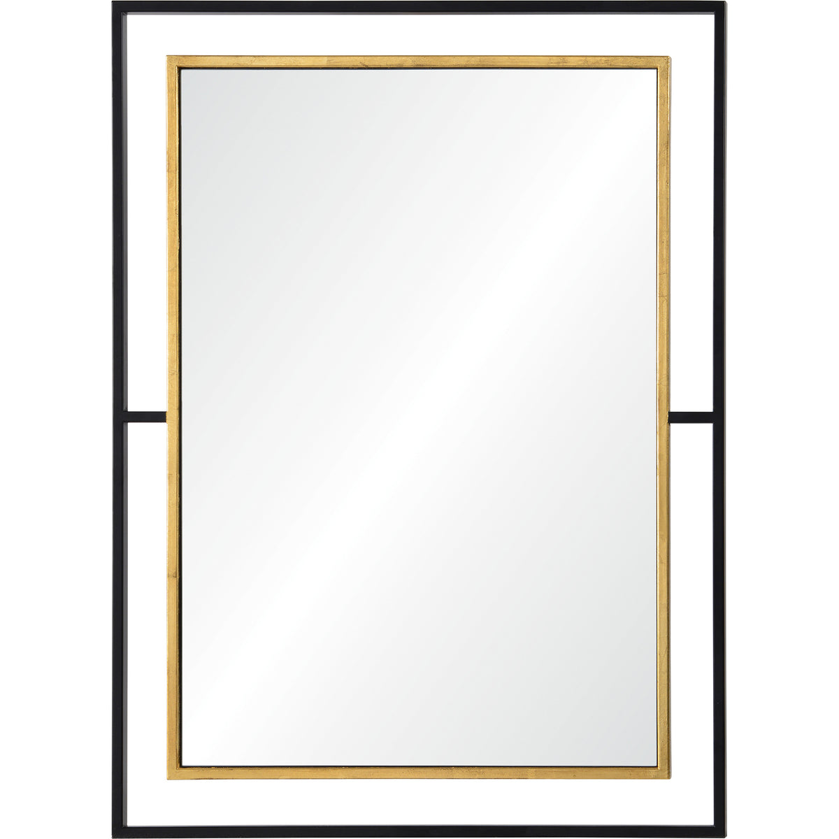 Gray wall mirror with a gold frame and black accents, showcasing a reflective surface.