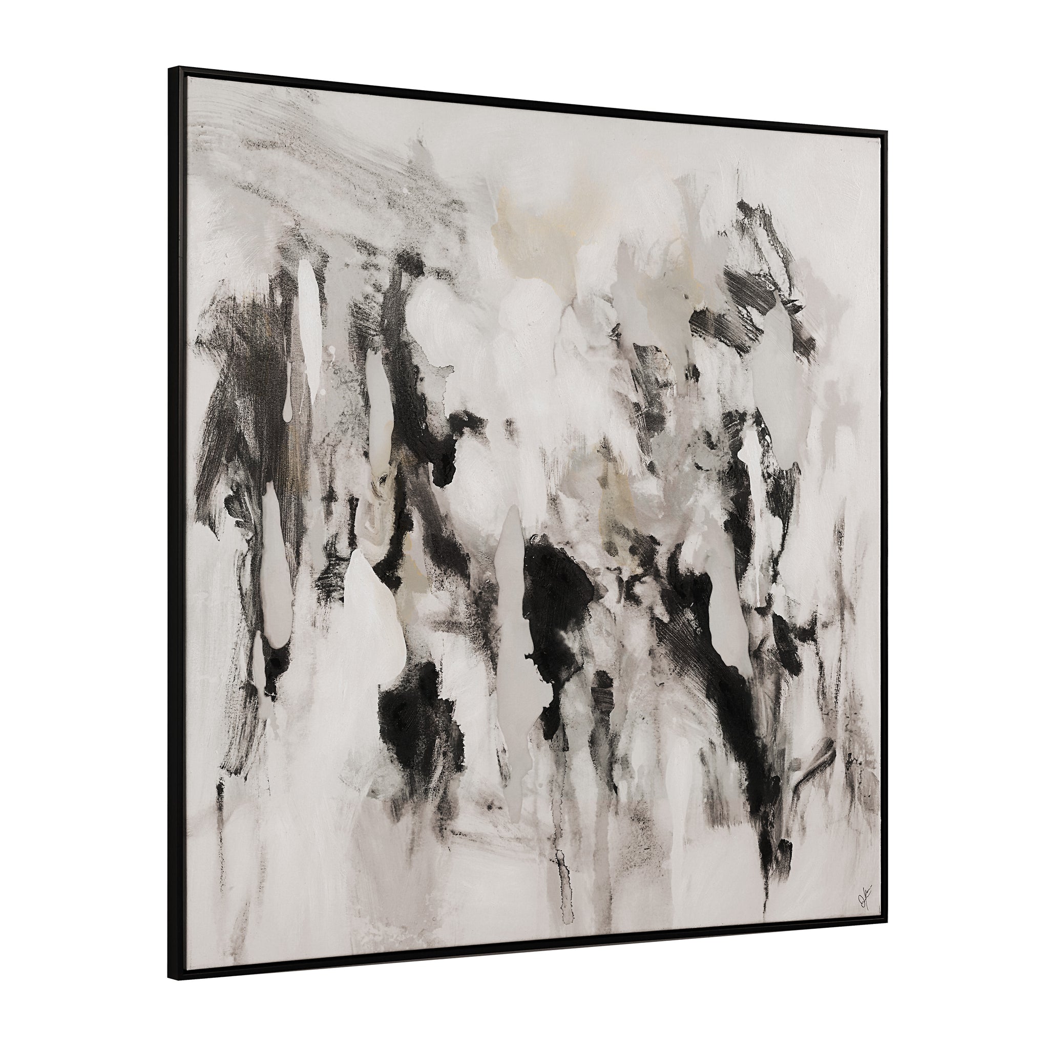 Celba canvas art viewed from an angle, showcasing abstract black and beige design