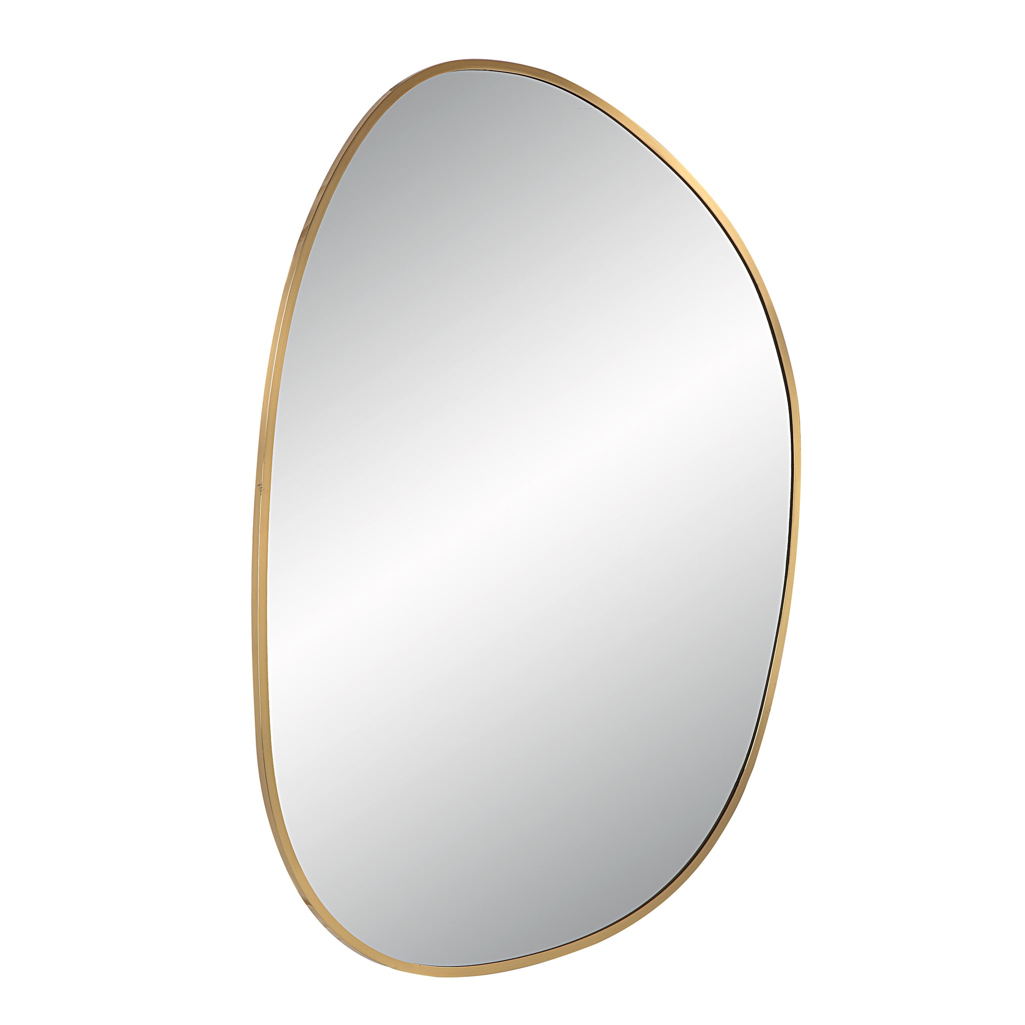 Jyn mirror by Renwil, side view of organic-shaped mirror with gold metal frame and reflective surface.