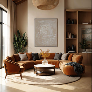 Naxos canvas art displayed in a modern living room with a brown sectional sofa.