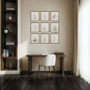 Crema canvas art displayed in a modern office setting with framed botanical prints on the wall.