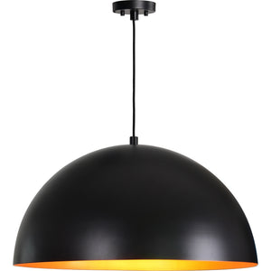 Sina Ceiling Fixture in matte black featuring a warm orange interior, suspended from a ceiling.