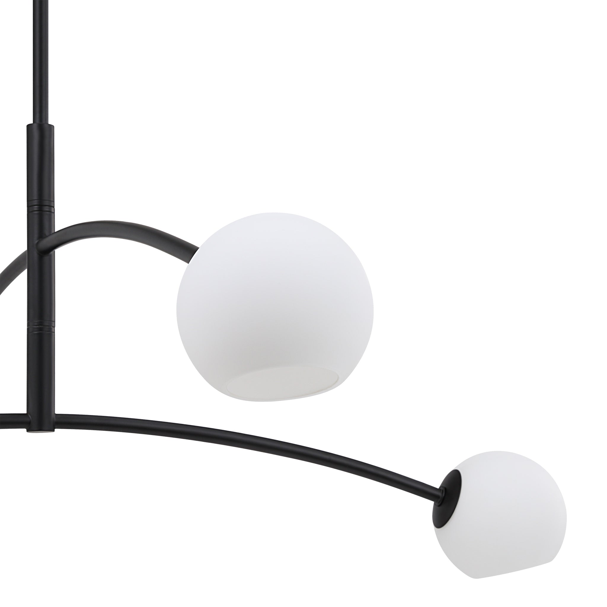 Nube Ceiling Fixture close-up of two white globes on black metal arms.