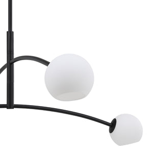 Nube Ceiling Fixture close-up of two white globes on black metal arms.