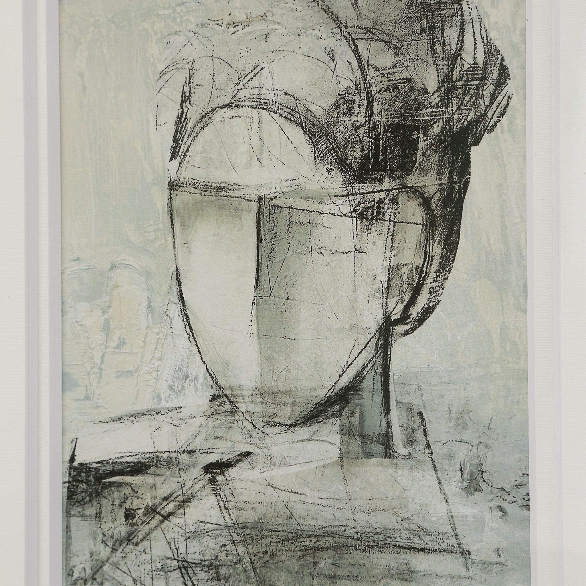 Close-up of Bellie wall art, abstract face sketch in muted tones with detailed lines.