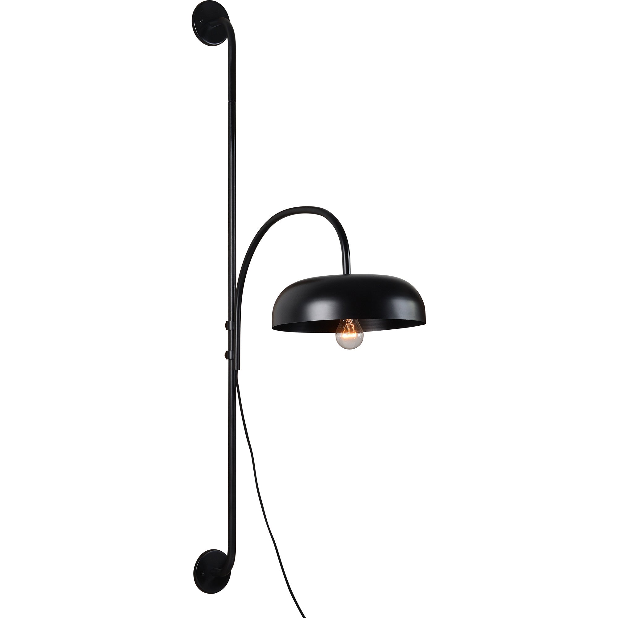 Draco Wall Sconce in black metal with a curved arm and dome shade, featuring an exposed bulb.