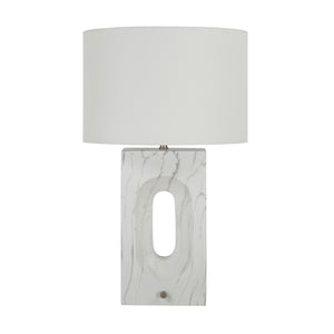 Scriba table lamp by Renwil with a white marble base and a white fabric shade.